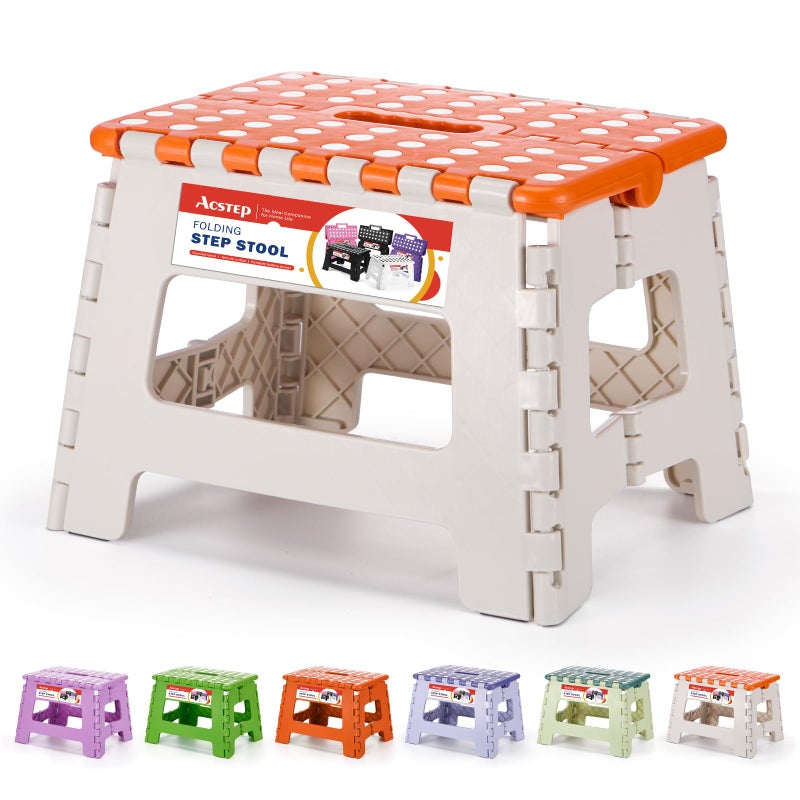 ACSTEP 9 Inch Folding Step Stool 300 LB Capacity Plastic Foldable Step Stools for Kids and Adults, Folding Stool Suitable for Kitchen, Stepping Stool with Handle Bicolor Orange Small Step Stool 1PC - Image 1