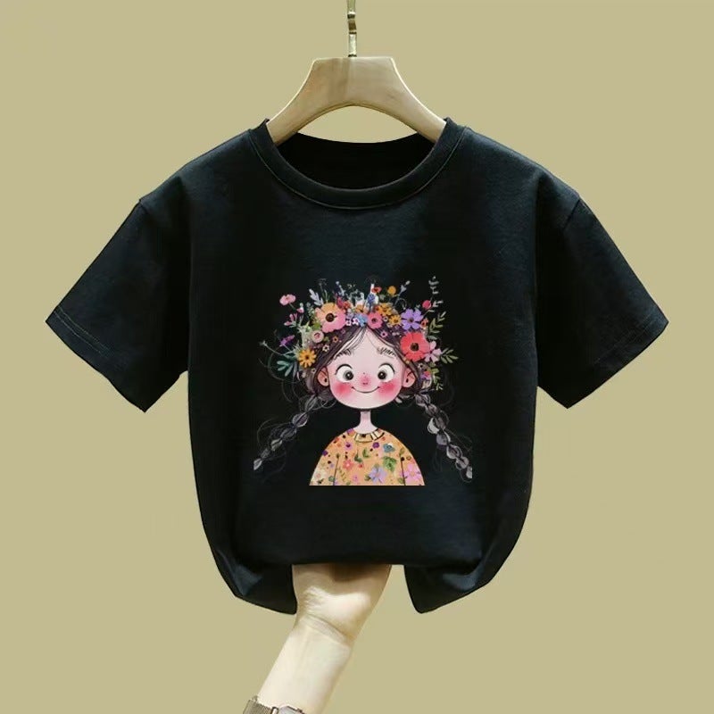 Girls' Short-Sleeved T-Shirt Pink Summer Mid-Large Children'S Cotton Half-Sleeved Children'S Round Neck Top T-Shirt - Image 1
