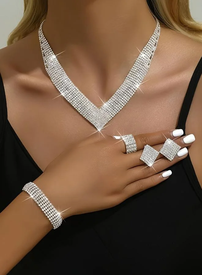 Take Two Sparkling Silver Rhinestone Necklace and Ring with Earrings and Bracelet Set