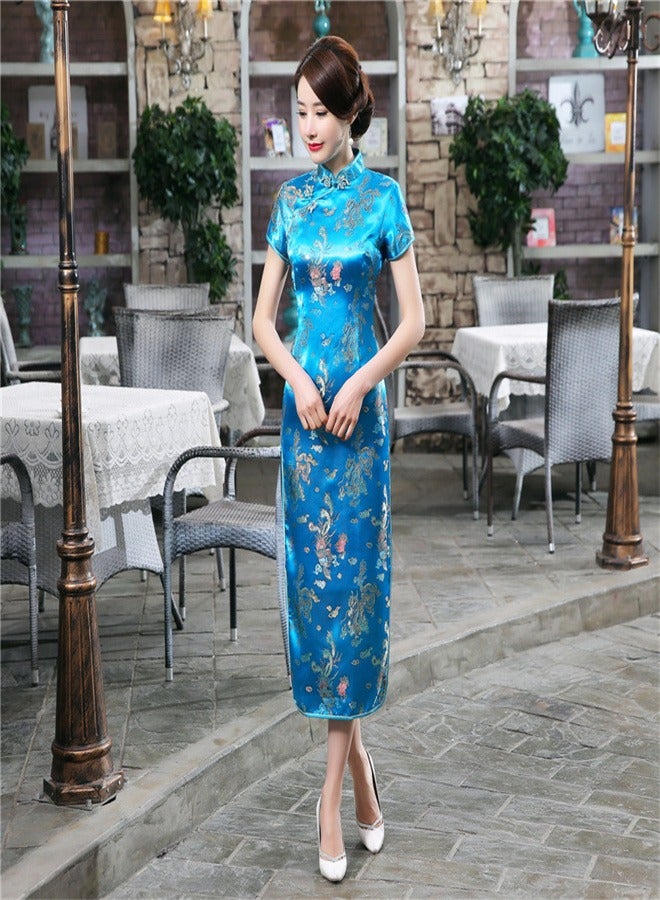Loquat Dragon And Phoenix Short Sleeved Long Skirt Lake Blue  - Image 2