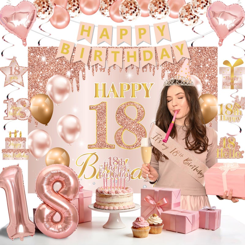 RTHPY 18th Birthday Decorations for Girls, It's My 18th Birthday Crown and Sash Pink Rose Gold 18th Cake Topper Banner Backdrop Balloons Hanging Swirls Happy 18 Years Old Party Supplies - Image 4