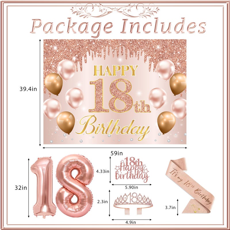 RTHPY 18th Birthday Decorations for Girls, It's My 18th Birthday Crown and Sash Pink Rose Gold 18th Cake Topper Banner Backdrop Balloons Hanging Swirls Happy 18 Years Old Party Supplies - Image 3