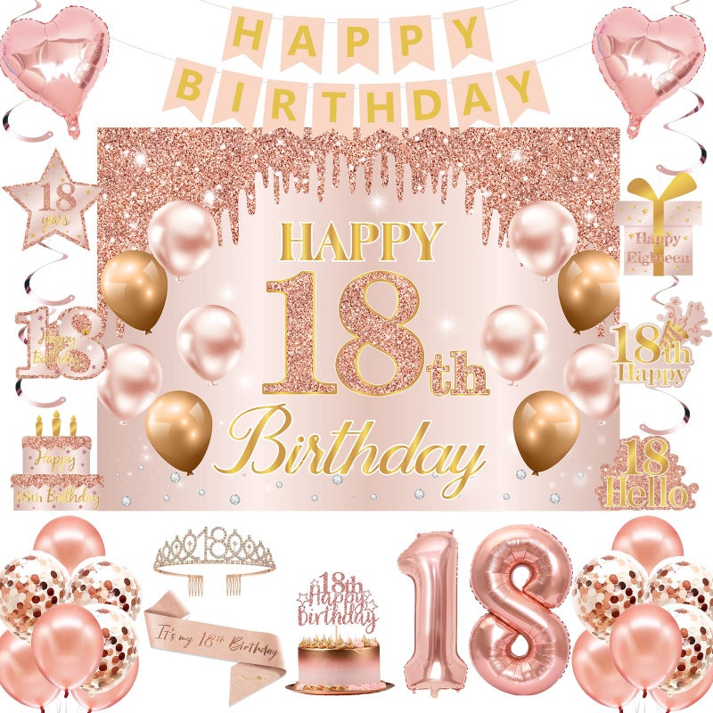 RTHPY 18th Birthday Decorations for Girls, It's My 18th Birthday Crown and Sash Pink Rose Gold 18th Cake Topper Banner Backdrop Balloons Hanging Swirls Happy 18 Years Old Party Supplies - Image 1