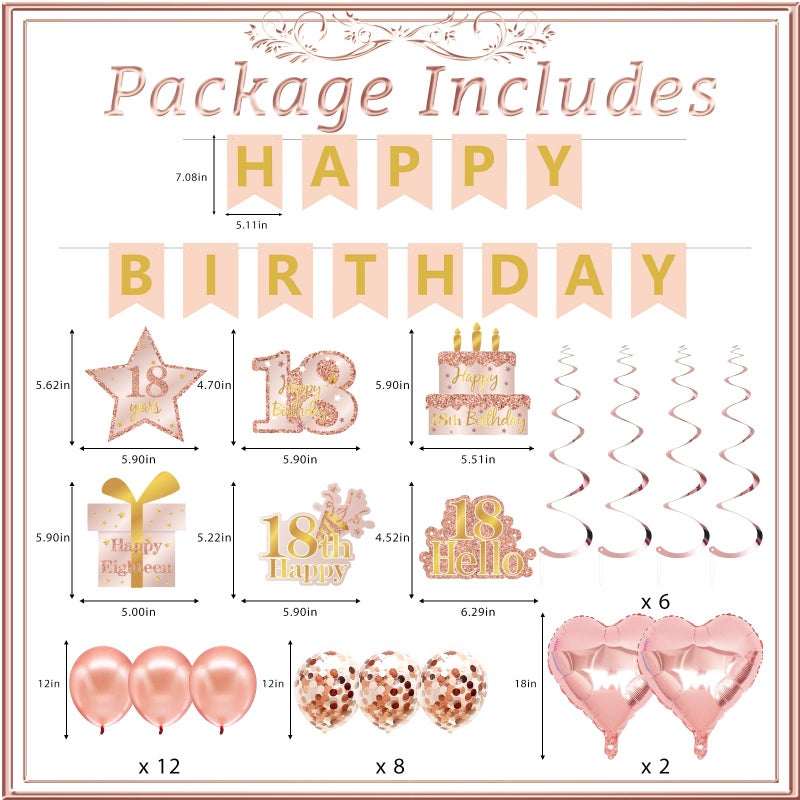 RTHPY 18th Birthday Decorations for Girls, It's My 18th Birthday Crown and Sash Pink Rose Gold 18th Cake Topper Banner Backdrop Balloons Hanging Swirls Happy 18 Years Old Party Supplies - Image 2