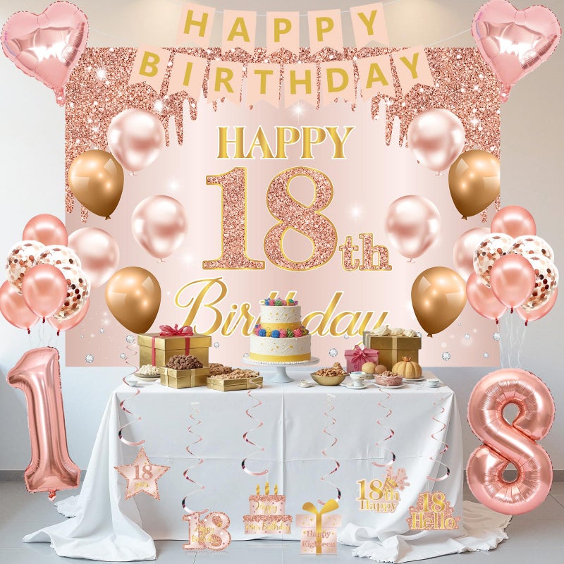 RTHPY 18th Birthday Decorations for Girls, It's My 18th Birthday Crown and Sash Pink Rose Gold 18th Cake Topper Banner Backdrop Balloons Hanging Swirls Happy 18 Years Old Party Supplies - Image 5