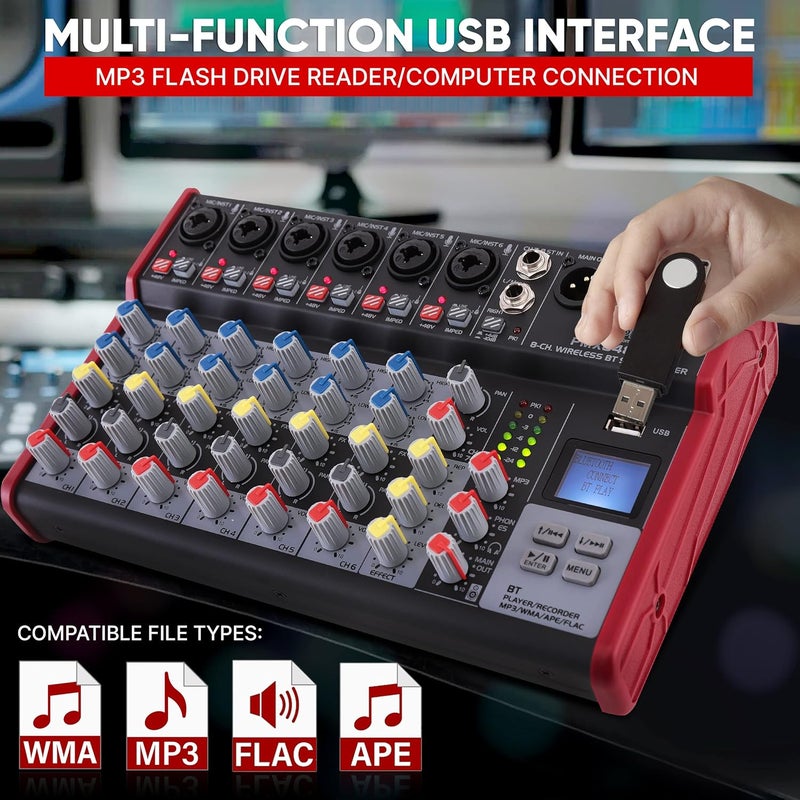 Pyle Professional Wireless DJ Audio Mixer - 8-Channel Bluetooth Compatible DJ Controller Sound Mixer w/USB Port, 6 Mic/Line Input, ¼” Mono/Stereo Input, Headphone Jack, +48V Phantom Power - PMX848BT - Image 4
