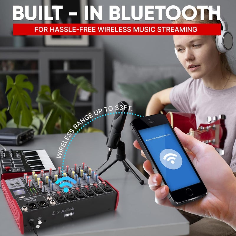 Pyle Professional Wireless DJ Audio Mixer - 8-Channel Bluetooth Compatible DJ Controller Sound Mixer w/USB Port, 6 Mic/Line Input, ¼” Mono/Stereo Input, Headphone Jack, +48V Phantom Power - PMX848BT - Image 5