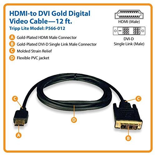Tripp Lite HDMI to DVI Cable, Digital Monitor Adapter Cable (HDMI to DVI-D M/M) 12-ft.(P566-012),Black - Image 2