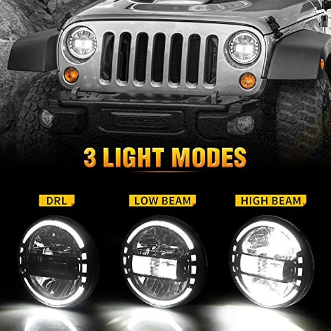 LX-LIGHT مصابيح أمامية LED سوداء مقاس 7 بوصات معتمدة من Dot مع حلقة هالة بيضاء متوافقة مع Jeep Wrangler Jk Jku Tj Lj Jl Hummber H1 H2 - Image 4