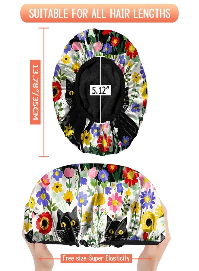 Cabreche Luxury Shower Cap Terry Lined Reusable Triple Layer Waterproof Hair Elastic Caps Shower Bath Hat for Women Girls Cute Aesthetic-Flower Black Cat - Image 2