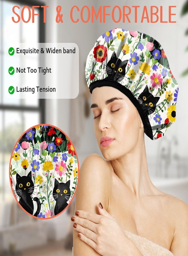 Cabreche Luxury Shower Cap Terry Lined Reusable Triple Layer Waterproof Hair Elastic Caps Shower Bath Hat for Women Girls Cute Aesthetic-Flower Black Cat - Image 4