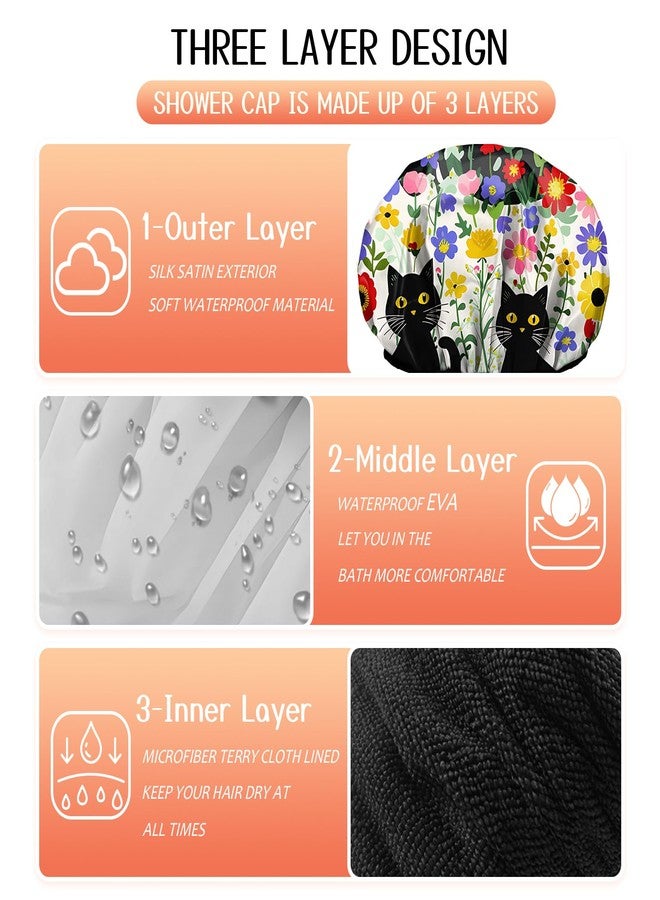 Cabreche Luxury Shower Cap Terry Lined Reusable Triple Layer Waterproof Hair Elastic Caps Shower Bath Hat for Women Girls Cute Aesthetic-Flower Black Cat - Image 3