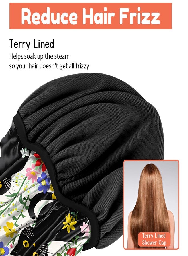 Cabreche Luxury Shower Cap Terry Lined Reusable Triple Layer Waterproof Hair Elastic Caps Shower Bath Hat for Women Girls Cute Aesthetic-Flower Black Cat - Image 5