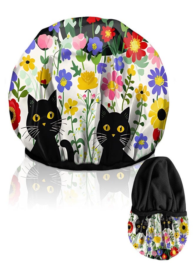 Cabreche Luxury Shower Cap Terry Lined Reusable Triple Layer Waterproof Hair Elastic Caps Shower Bath Hat for Women Girls Cute Aesthetic-Flower Black Cat - Image 1