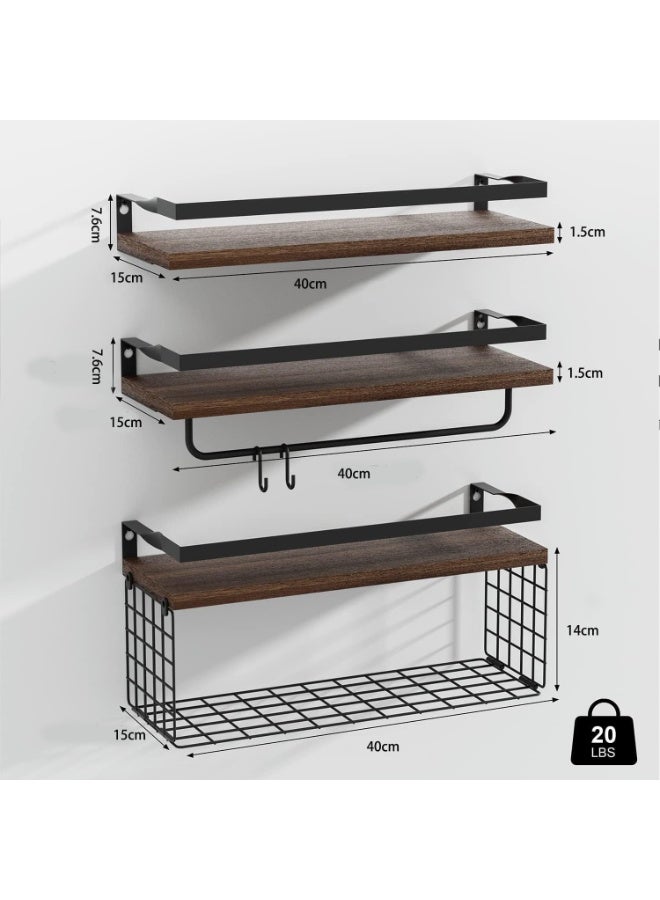 KYDTSYK Wall Mounted Floating Shelves with Towel Bar and Storage Basket – 3-Tier Bathroom Organizer for Toiletries, Towels, Plants, and Decor – Space-Saving Wood Shelves with Black Metal Frame Beige - Image 3