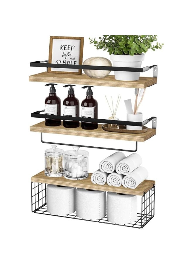 KYDTSYK Wall Mounted Floating Shelves with Towel Bar and Storage Basket – 3-Tier Bathroom Organizer for Toiletries, Towels, Plants, and Decor – Space-Saving Wood Shelves with Black Metal Frame Beige - Image 1
