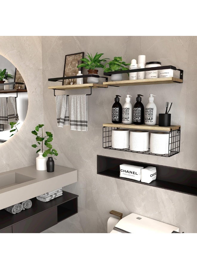 KYDTSYK Wall Mounted Floating Shelves with Towel Bar and Storage Basket – 3-Tier Bathroom Organizer for Toiletries, Towels, Plants, and Decor – Space-Saving Wood Shelves with Black Metal Frame Beige - Image 2