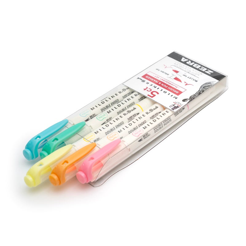 Zebra Pen Mildliner Double-Ended Brush Marker, Brush and Fine Tip Pen, Ideal for Bible Highlighting, No Bleed, Assorted Fluorescent Colors 5-Pack (79105) - Image 2