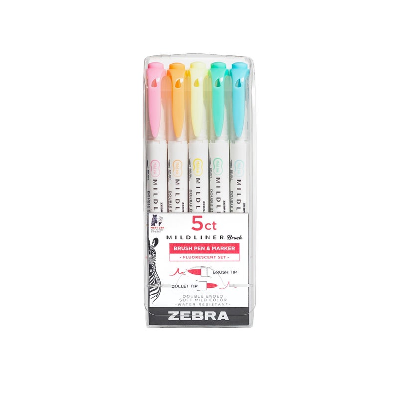 Zebra Pen Mildliner Double-Ended Brush Marker, Brush and Fine Tip Pen, Ideal for Bible Highlighting, No Bleed, Assorted Fluorescent Colors 5-Pack (79105) - Image 1