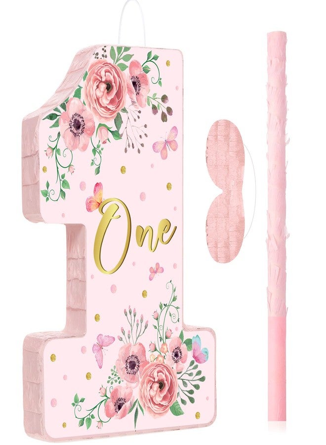 Hungdao Pink Floral Piñata Number 1 Piñata Set with Blindfold, Bat and Filler for Flower Theme Gender Reveal Baby Shower Kids First Birthday Party Supplies - Image 1