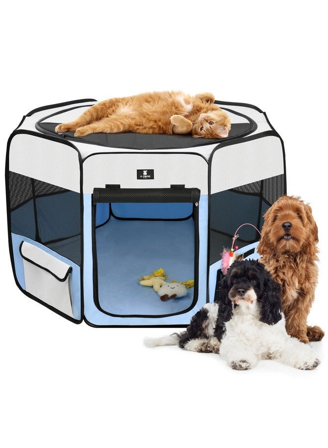 إكس-زون بيت حظيرة لعب الكلاب المحمولة من X-ZONE PET للجراء والقطط والأرانب والصيصان، خيمة لعب قابلة للطي، قفص للكلاب، مناسب للسفر والتخييم في الأماكن المغلقة/المفتوحة، أزرق كبير - Image 1