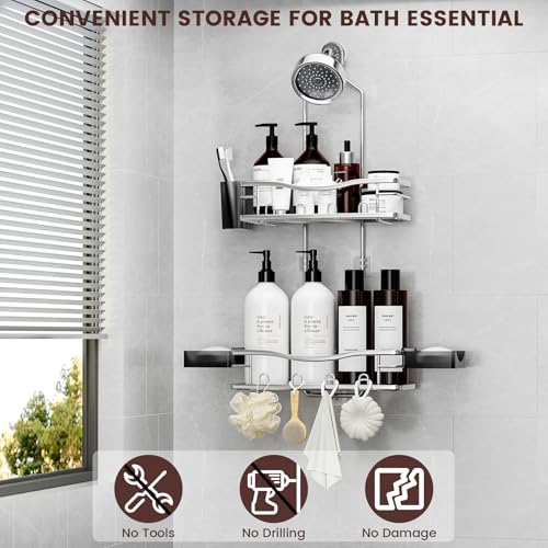 REINHARDT Shower Caddy Hanging, Rustproof Shower Caddy Anti-Swing Shower Organizer Over Showerhead No Drilling Shower Racks with Soap Holder Multi Hooks Bathroom Storage for Shampoo Sponge, Silver - Image 2