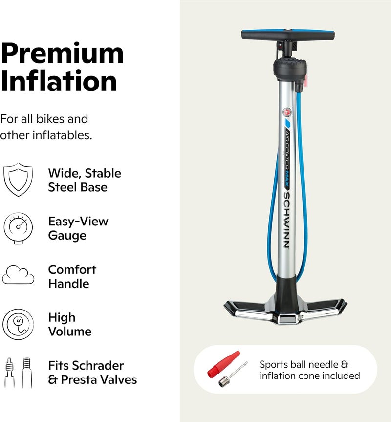 SCHWINN Air Center Series or Basic Floor Pump, for a Range of Bikes, 100, 120 or 160 PSI, Soft Grip Handle, Dual Head for Schrader and Presta Valves, Manual Air Pump - Image 1