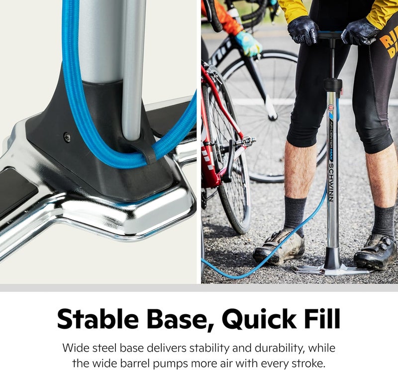 SCHWINN Air Center Series or Basic Floor Pump, for a Range of Bikes, 100, 120 or 160 PSI, Soft Grip Handle, Dual Head for Schrader and Presta Valves, Manual Air Pump - Image 2