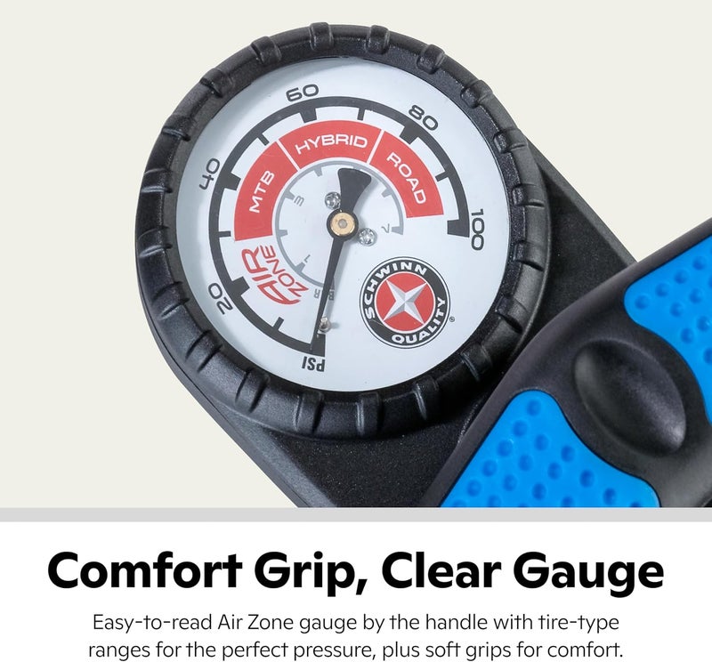 SCHWINN Air Center Series or Basic Floor Pump, for a Range of Bikes, 100, 120 or 160 PSI, Soft Grip Handle, Dual Head for Schrader and Presta Valves, Manual Air Pump - Image 3