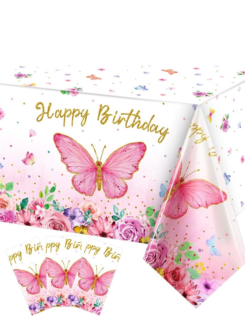Spring erfly Birthday Tablecloth - 3 Pack Rectangular Plastic Cover for Girls' Party, 108 x 54 Inch (Pink) - Watercolor Design for Festive Decor - Image 1