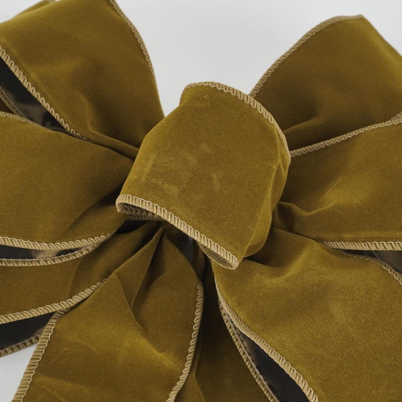 LiBongTa 13" Khaki Pre-Tied Velvet Bow for Christmas Tree, Rustic Bow for Wreaths, Wedding, Premade Bows with Twist Tie, Tree Toppers Bows for Party Favor, Christmas Home Indoor Outdoor Decor-1 PCs - Image 4