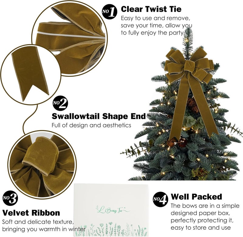 LiBongTa 13" Khaki Pre-Tied Velvet Bow for Christmas Tree, Rustic Bow for Wreaths, Wedding, Premade Bows with Twist Tie, Tree Toppers Bows for Party Favor, Christmas Home Indoor Outdoor Decor-1 PCs - Image 3