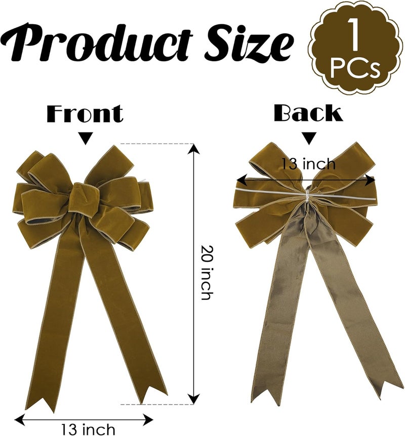 LiBongTa 13" Khaki Pre-Tied Velvet Bow for Christmas Tree, Rustic Bow for Wreaths, Wedding, Premade Bows with Twist Tie, Tree Toppers Bows for Party Favor, Christmas Home Indoor Outdoor Decor-1 PCs - Image 2