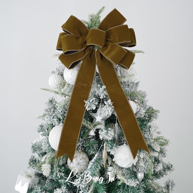 LiBongTa 13" Khaki Pre-Tied Velvet Bow for Christmas Tree, Rustic Bow for Wreaths, Wedding, Premade Bows with Twist Tie, Tree Toppers Bows for Party Favor, Christmas Home Indoor Outdoor Decor-1 PCs - Image 5
