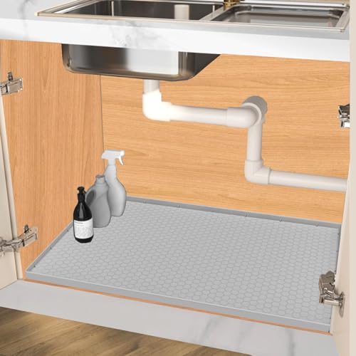 Jacooxi Under Sink Mat 22 x 19, Silicone Under Sink Protector Mat for Kitchen Waterproof, Easy to Clean Bathroom Cabinet Mat Organizers and Storage, Light Grey - Image 1