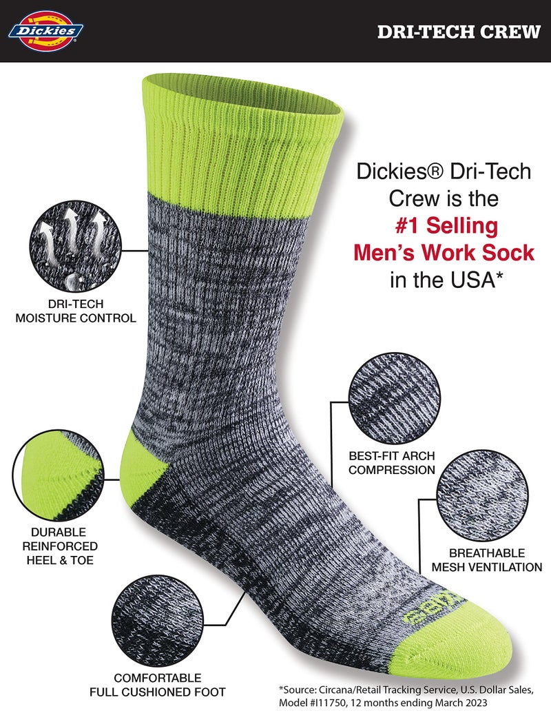 Dickies Men's Dri-Tech Original Moisture Control Crew Multipack Socks, Hi-vis Yellow Black (6 Pairs), Large - Image 2