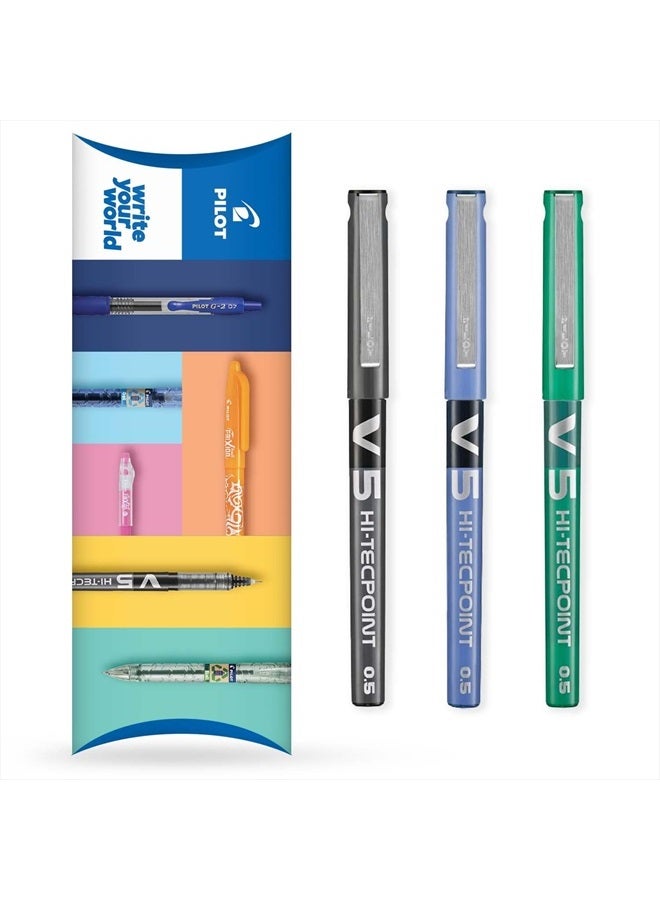 PILOT V5 Hi-Tecpoint Rollerball Pen - Fine 0.5mm Nib Tip - 0.3mm Line Width - Teacher's Pillow Pack of 3 - Black, Blue & Green Set - Image 1