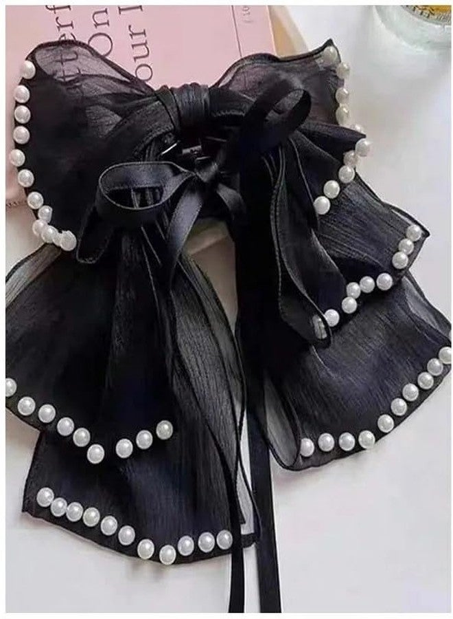 EVONEST Hair Bow with Pearl Details, Georgette Multi-Layer Design Bow Clips for Women and Girls, Cute Hair Accessory - Black (Free Size) - Image 3