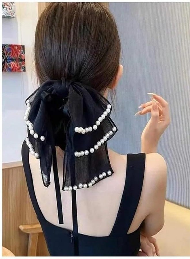 EVONEST Hair Bow with Pearl Details, Georgette Multi-Layer Design Bow Clips for Women and Girls, Cute Hair Accessory - Black (Free Size) - Image 5