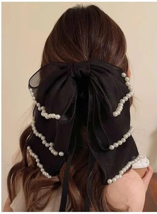 EVONEST Hair Bow with Pearl Details, Georgette Multi-Layer Design Bow Clips for Women and Girls, Cute Hair Accessory - Black (Free Size) - Image 1