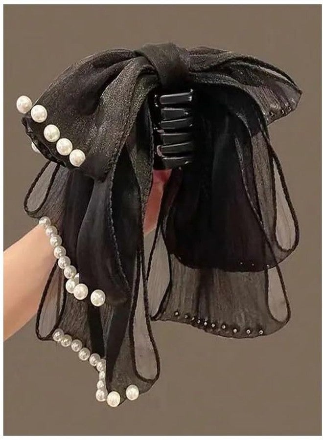 EVONEST Hair Bow with Pearl Details, Georgette Multi-Layer Design Bow Clips for Women and Girls, Cute Hair Accessory - Black (Free Size) - Image 2