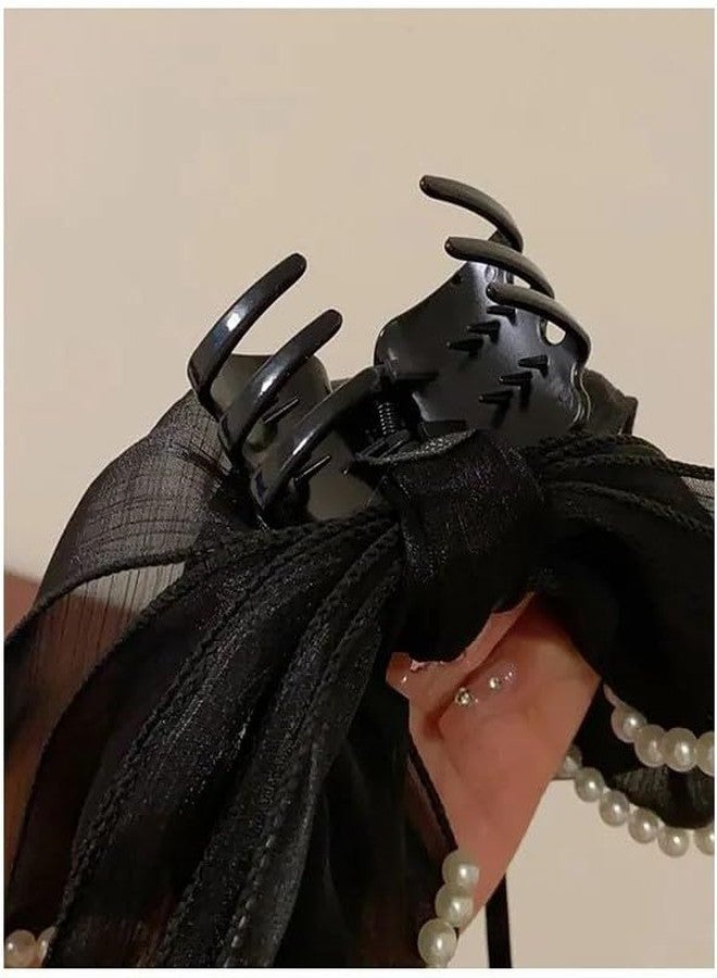 EVONEST Hair Bow with Pearl Details, Georgette Multi-Layer Design Bow Clips for Women and Girls, Cute Hair Accessory - Black (Free Size) - Image 4