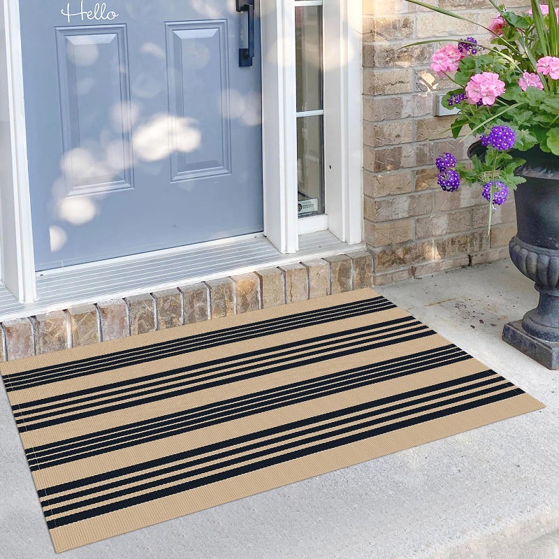 KILOCOCO Striped Rug 2.3'x3.6' Indoor Outdoor Rugs Front Door Mat Hand Woven Cotton Washable Striped Layered Doormats for Front Door/Kitchen/Farmhouse/Entryway/Patio, Brown - Image 1
