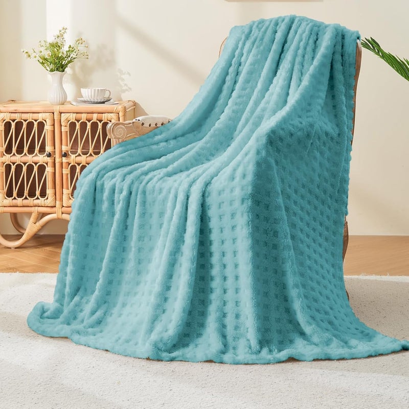 Wajade Fleece Throw Blanket, Fluffy Faux Fur Blanket for Bed Sofa Couch, Soft Warm Thick Blanket,waffle Light Cyan-178X203 - Image 1