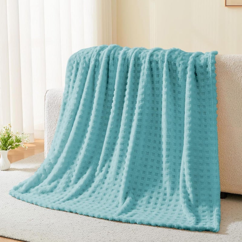Wajade Fleece Throw Blanket, Fluffy Faux Fur Blanket for Bed Sofa Couch, Soft Warm Thick Blanket,waffle Light Cyan-178X203 - Image 5