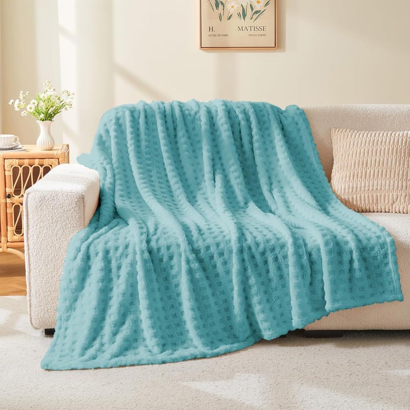 Wajade Fleece Throw Blanket, Fluffy Faux Fur Blanket for Bed Sofa Couch, Soft Warm Thick Blanket,waffle Light Cyan-178X203 - Image 2