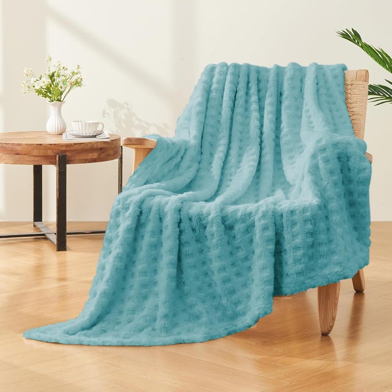 Wajade Fleece Throw Blanket, Fluffy Faux Fur Blanket for Bed Sofa Couch, Soft Warm Thick Blanket,waffle Light Cyan-178X203 - Image 3