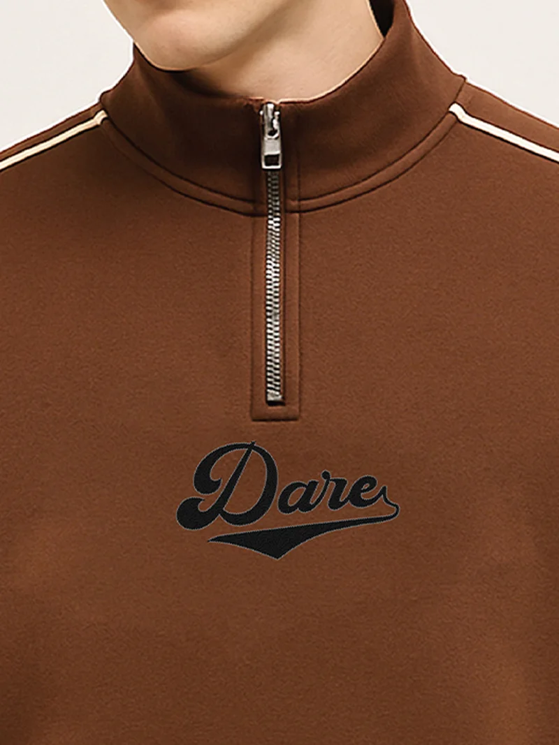 Maniac  Maniac Mens Printed Dare High Neck Full Sleeve Brown Fleece Sweatshirt for Men | Best Price UAE