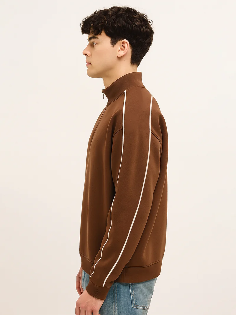 Maniac Maniac Mens Printed Dare High Neck Full Sleeve Brown Fleece Sweatshirt