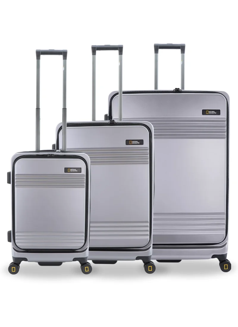 NATIONAL GEOGRAPHIC National Geographic Lodge Travel Suitcase Set, 100% PC Durable Lightweight Hard Shell Expandable Luggage, 4 Double Wheel, TSA Lock 3pcs Trolley Bag Silver (20+24+28 Inch).